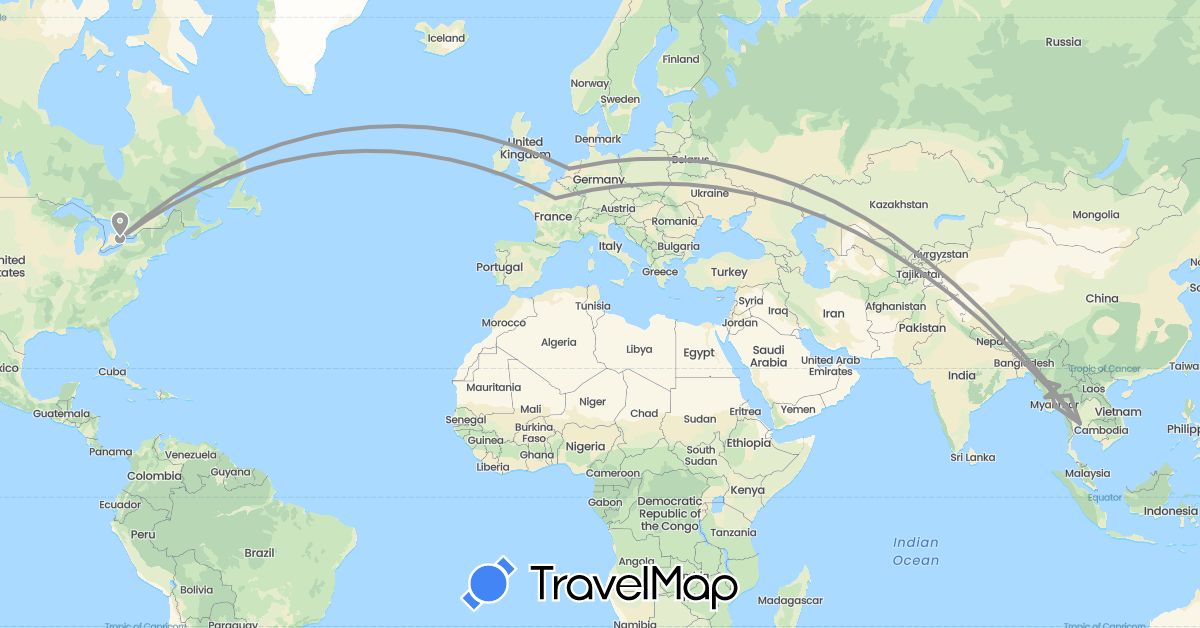 TravelMap itinerary: driving, plane in Canada, France, Myanmar (Burma), Netherlands, Thailand (Asia, Europe, North America)